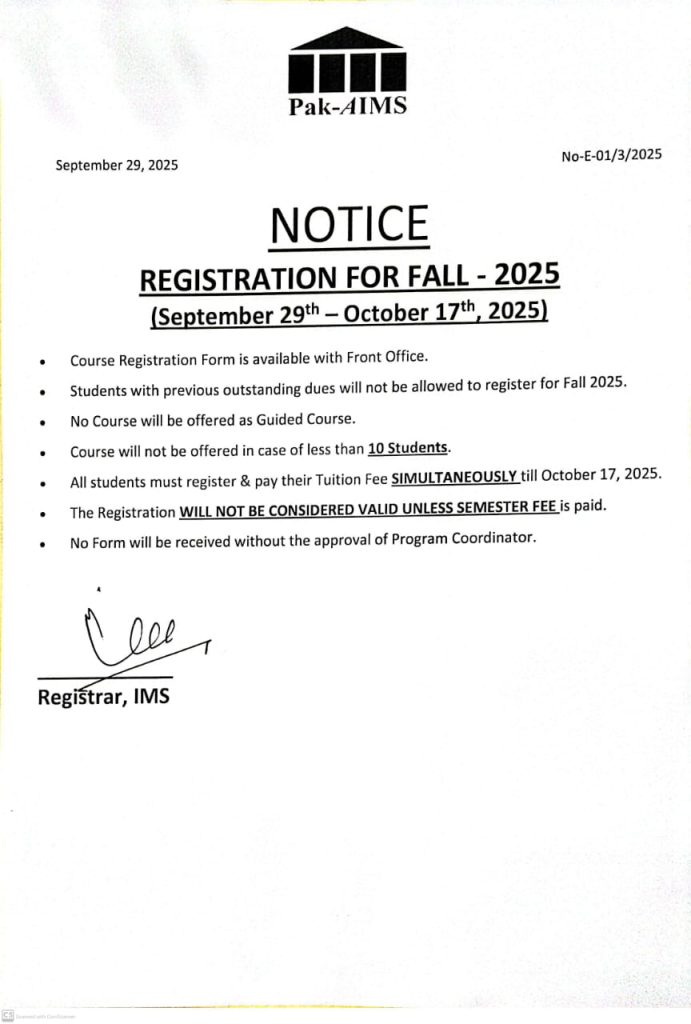 Registeration Open Notice - Fall 2025
